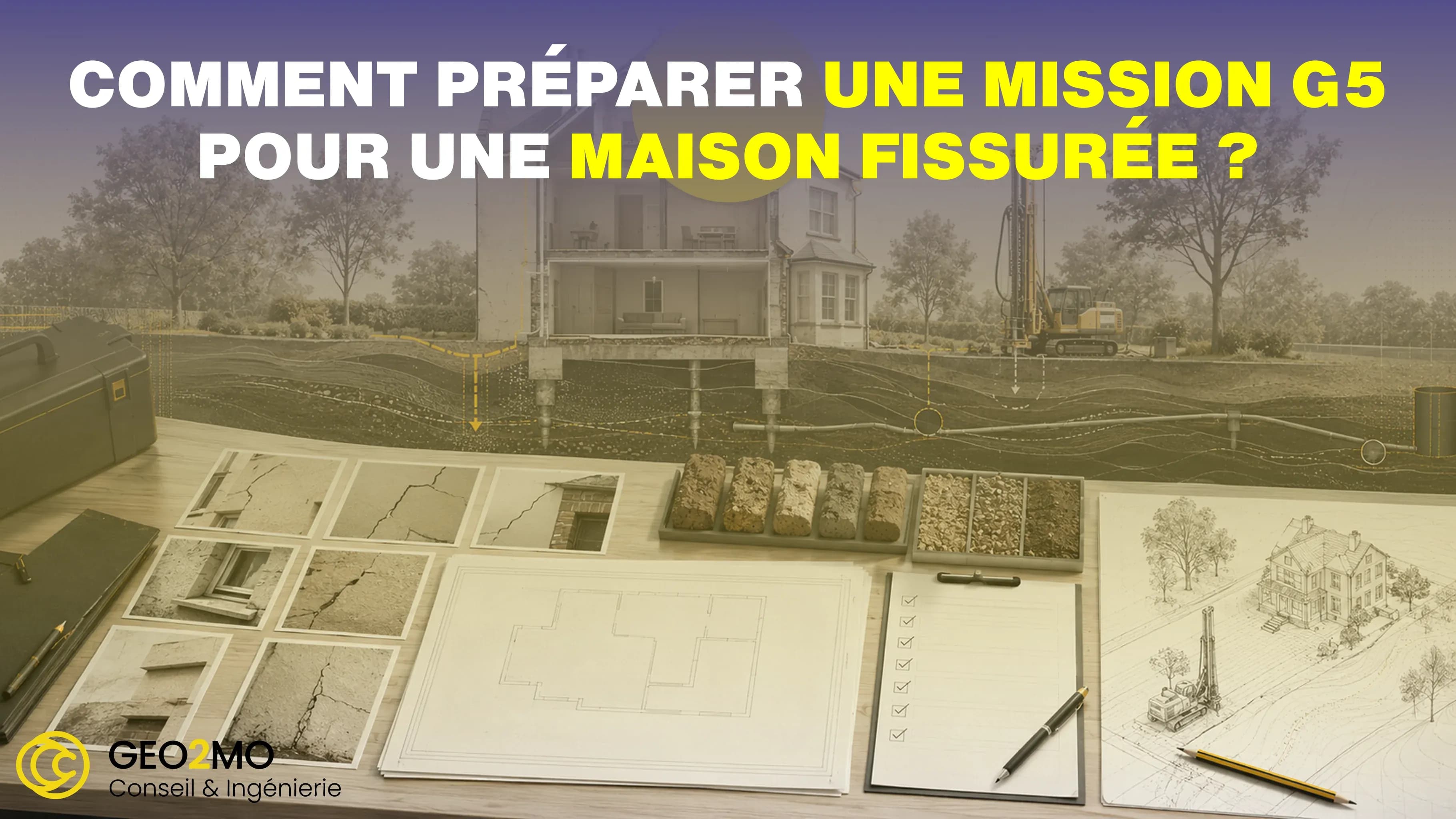 Préparation d’une mission G5 pour une maison fissurée avec photographies, plans, sondages et échantillons de sol